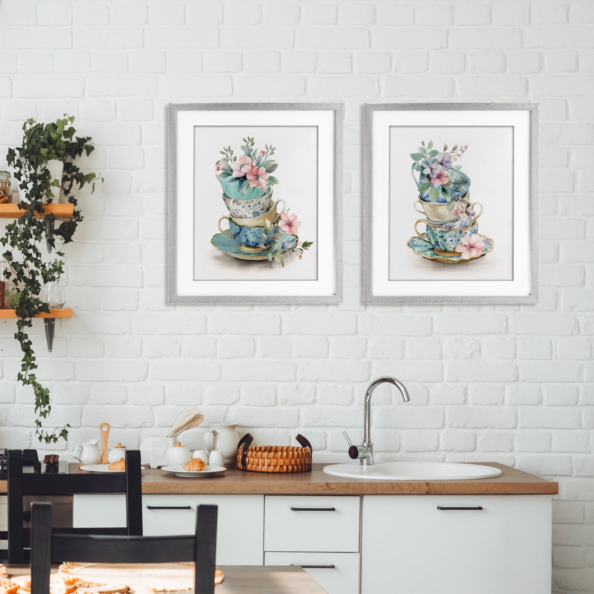 Stupell Industries Stacked Teacup Chinoiserie 2 Piece Gray Framed Print Under Glass Set, design by Kim Allen