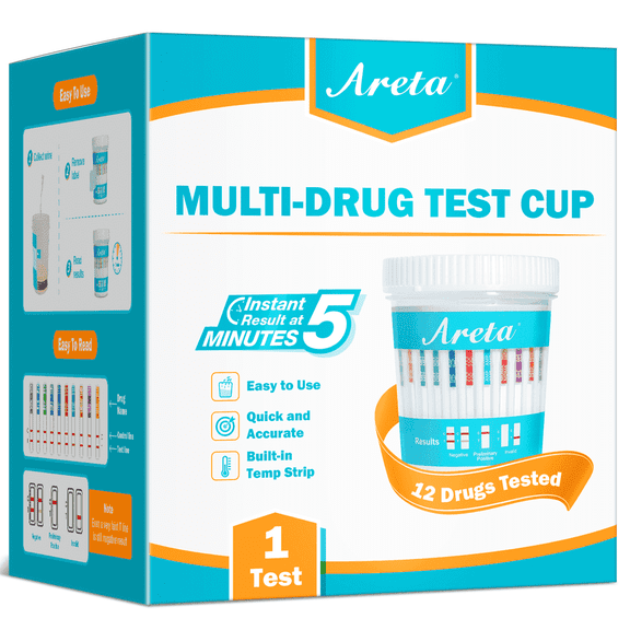 Areta 12 Panel Urine Drug Test Kit for THC, AMP, BZO, COC, BAR, OPI, BUP, MDMA, MET, MTD, OXY, PCP, 1 Pack
