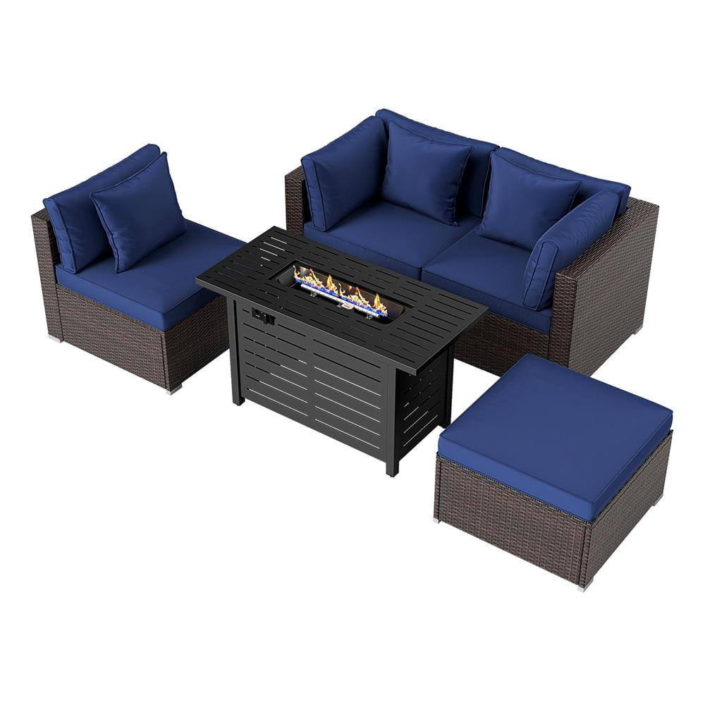 Topcobee Heavy-duty Frame Rattan Sofa Set with 60000 BTU Firepit Table, Patio Furniture Set for Outdoor, Comfort-Navy