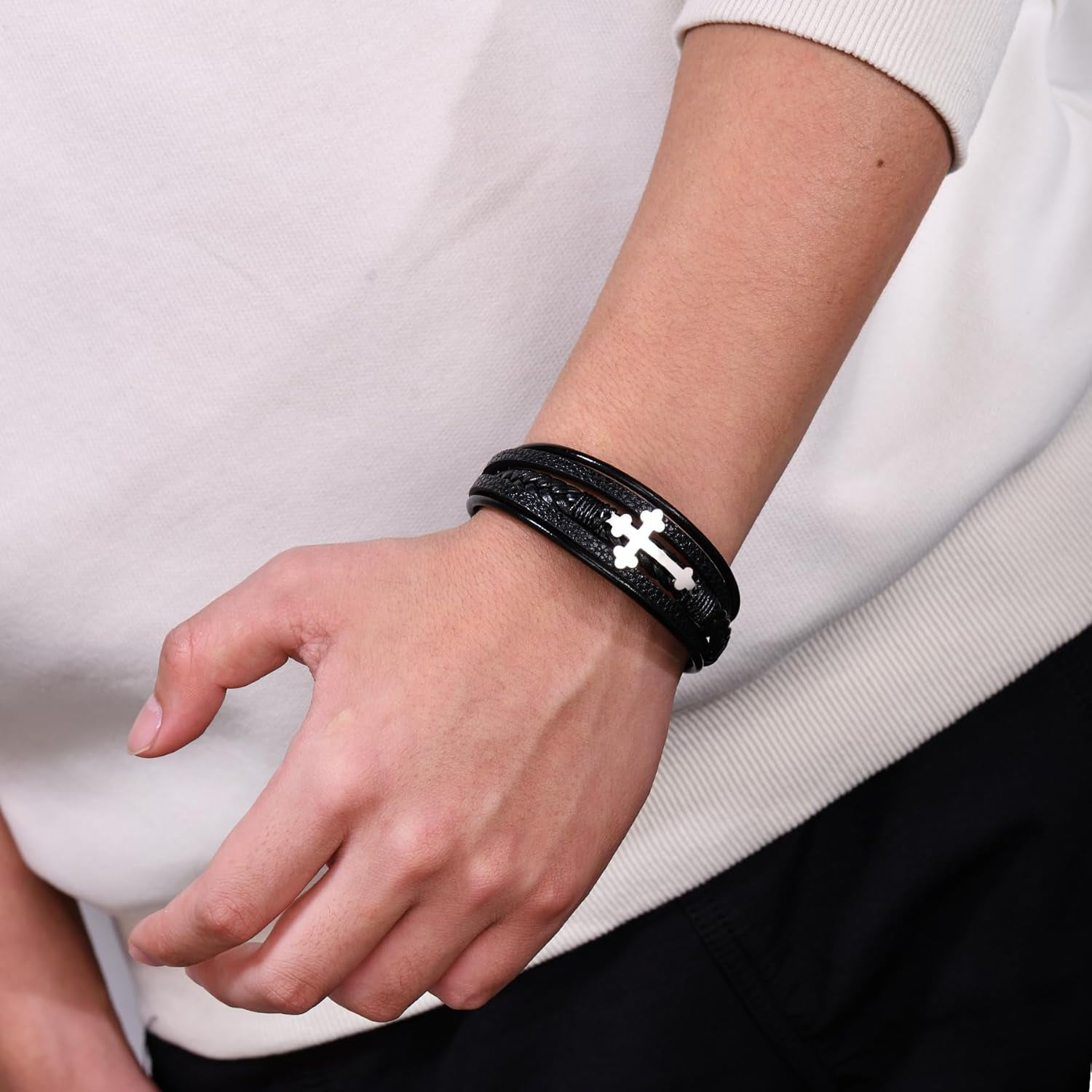 Mens Leather Cross Bracelet Multi-Layer Braided Faith Bracelet Religious Wristband Father's Day Birthday Jewelry Gifts for Men 8.5" Stainless Steel Buckle Bangle