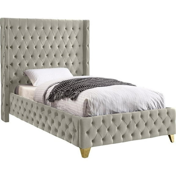 Maklaine Contemporary Soft Rich Cream Finish Velvet Twin Bed