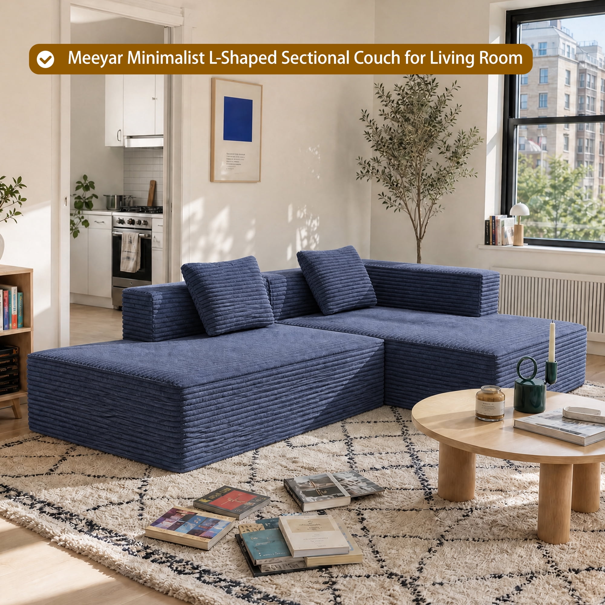 Meeyar 91" Boneless Modular Sectional Sofa with L Shaped Chaise, Cloud Couch for Living Room, Navy Blue