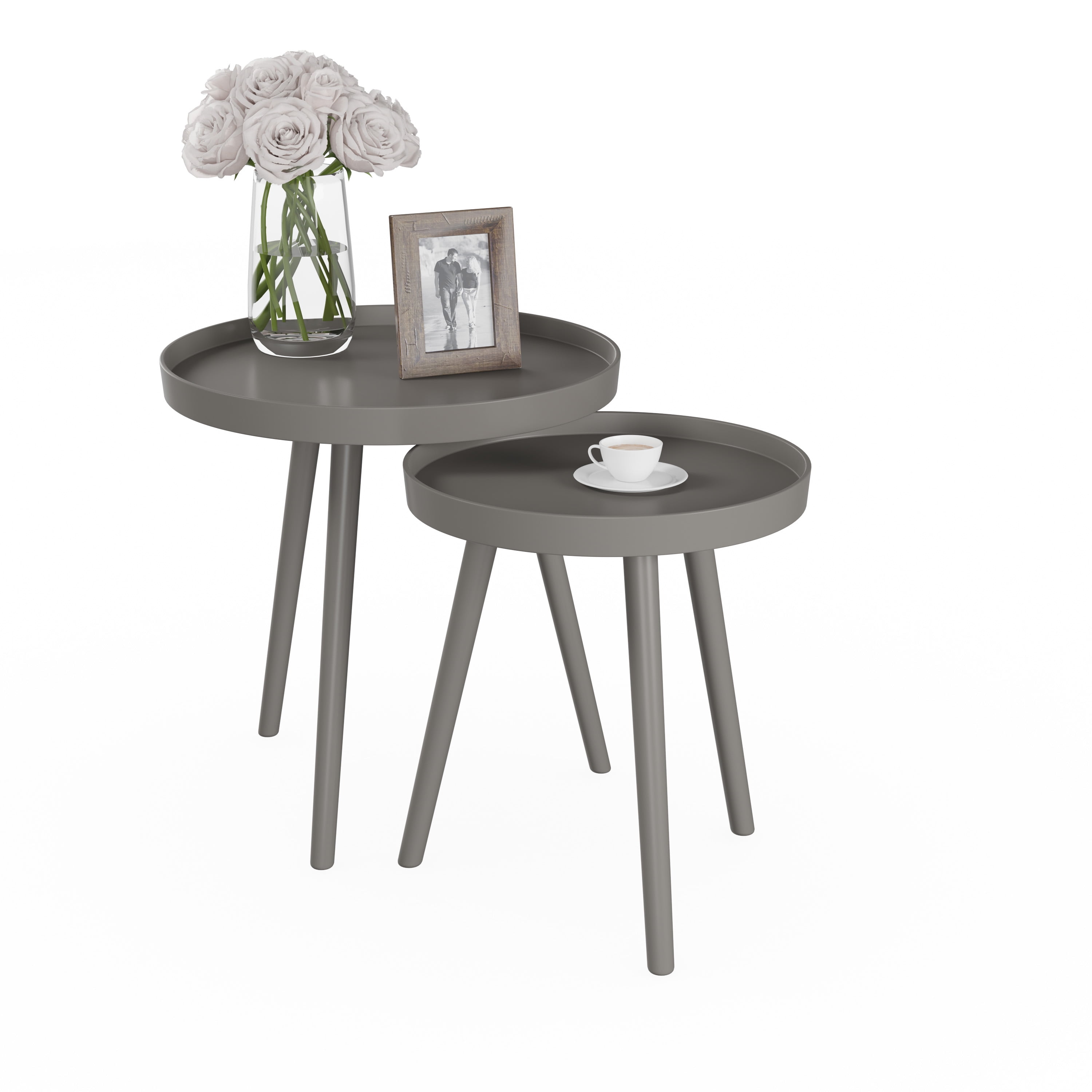 Lavish Home Set of 2 Round Nesting Side Tables with Tray Tops, Gray