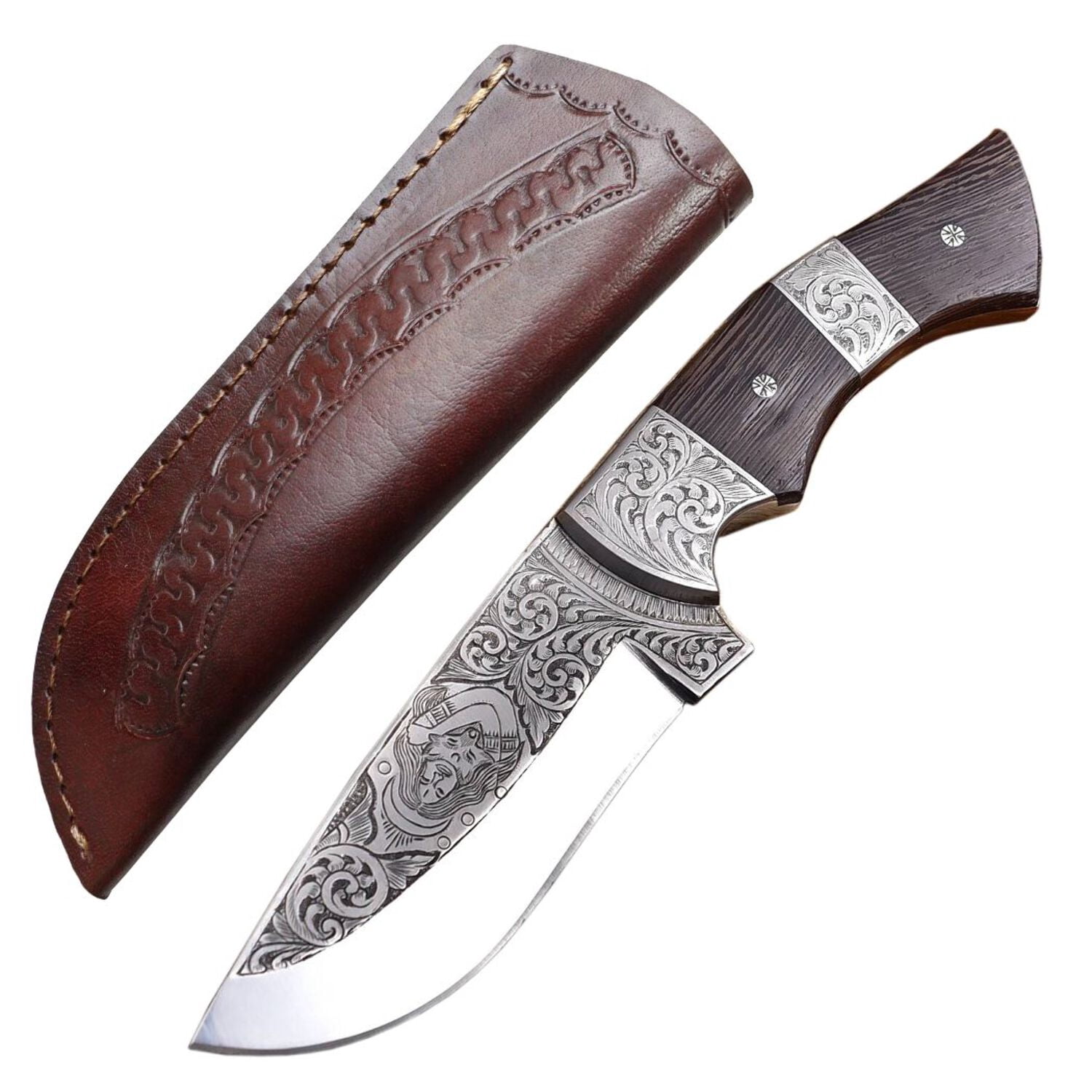 TheBoneEdge 10" Wanging Wood Handle Engraved Blade Hand Made Tracker Hunting knife With Sheath