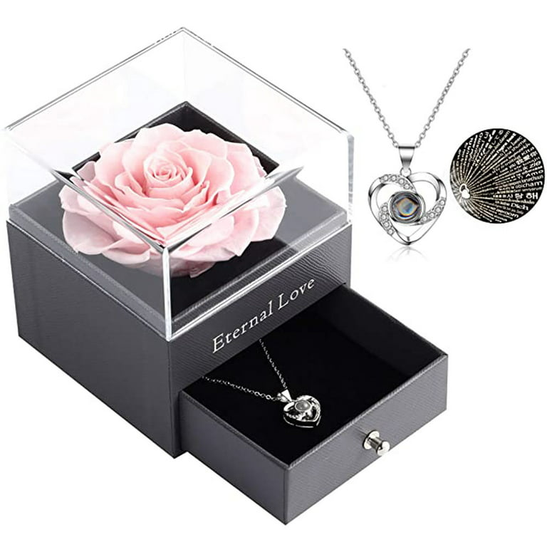 Gifts for Her, Real Preserved Eternal Rose, Rose with Necklace That Says I Love You, in 100 Languages, Real Rose Enchanted Gift for Birthday