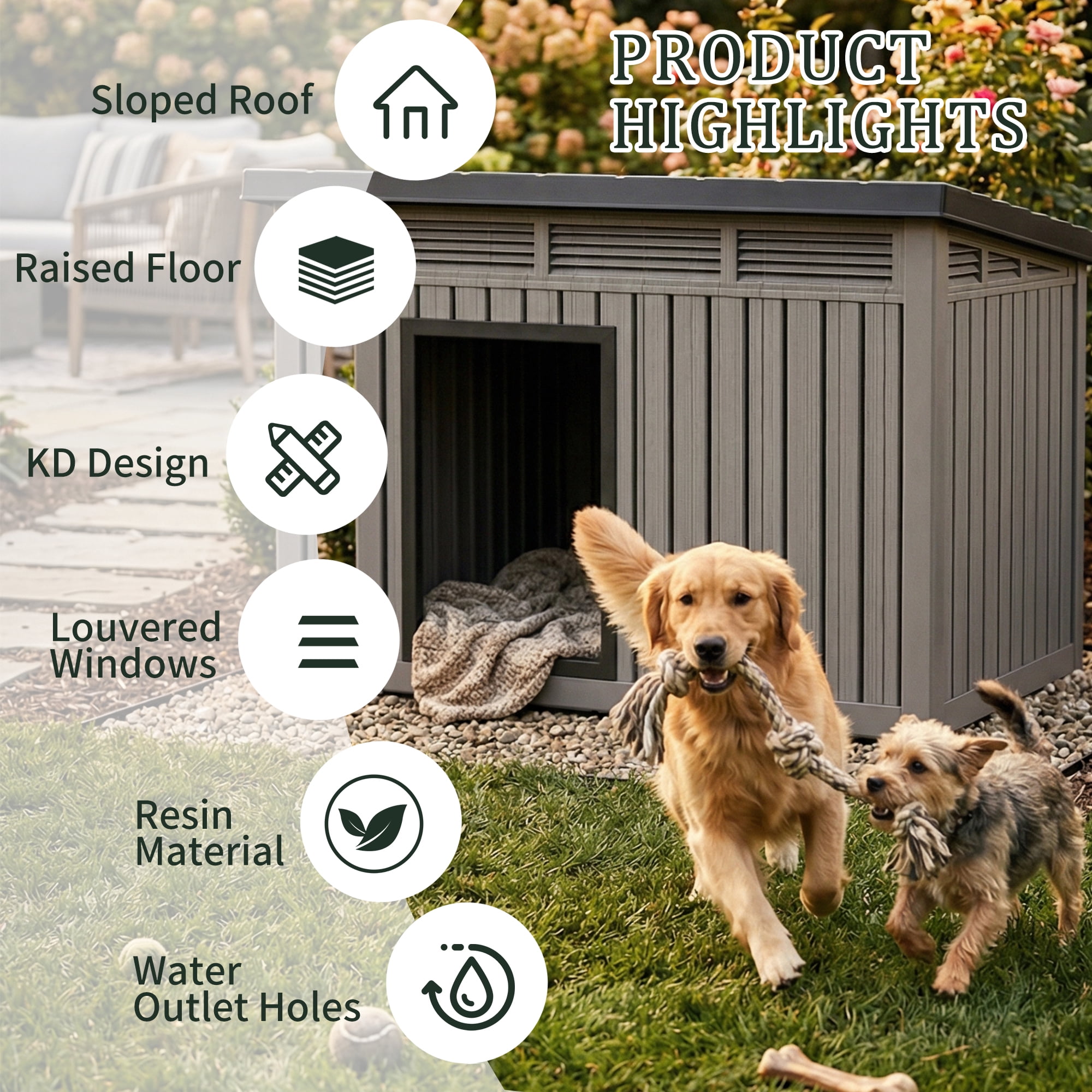 Joxxoaa Dog House for Both Indoor and Outdoor with Weatherproof Roof Removable Floors for Medium to Large Dogs Interior (Gray)