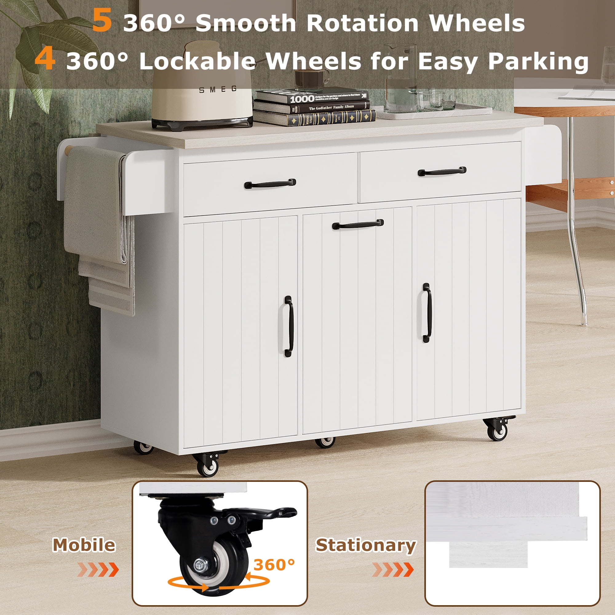 EUROCO 500LBS Rolling Kitchen Island with 15 Gallon Storage Trash Can,Kitchen Cart Island with Drop Leaf,Tilt Out Kitchen Trash Cabinet with Spice Rack, Adjustable Shelf and Drawers,White