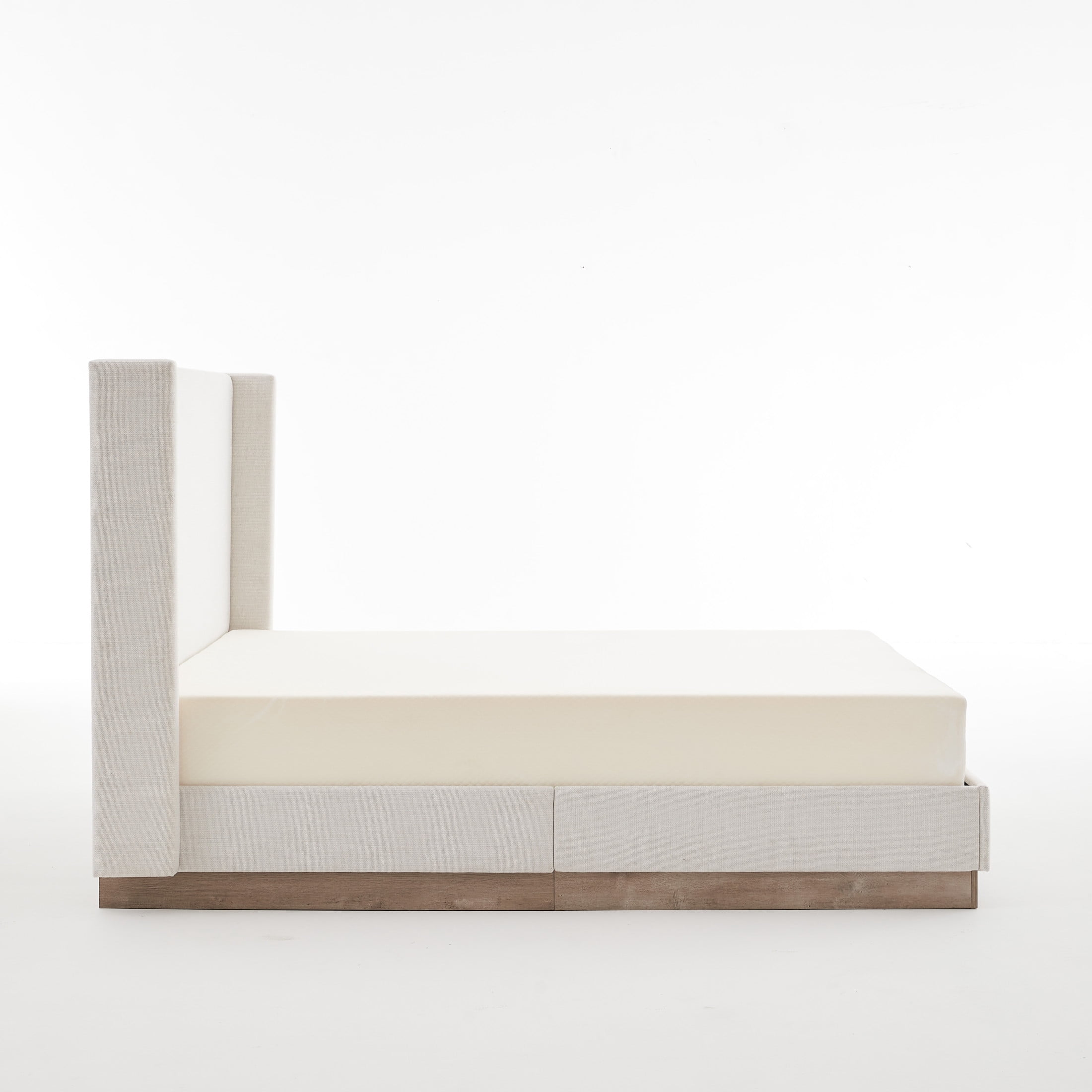 Noble House Hosford Full Canvas Upholstered Wingback Bed, Wood Base Platform Bed with Wingback Headboard, Ivory