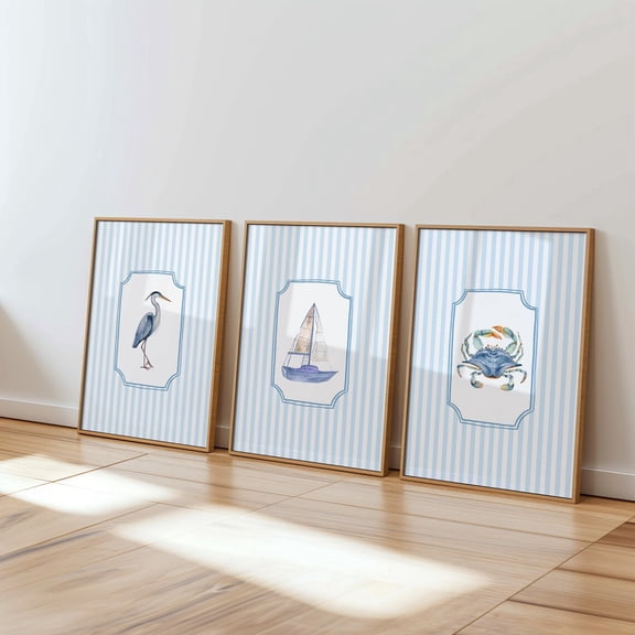 Coastal Nursery Wall Art Blue Stripe Sailboat Crab Heron Nautical Art Set 3 Unframed Paper Print 8x12