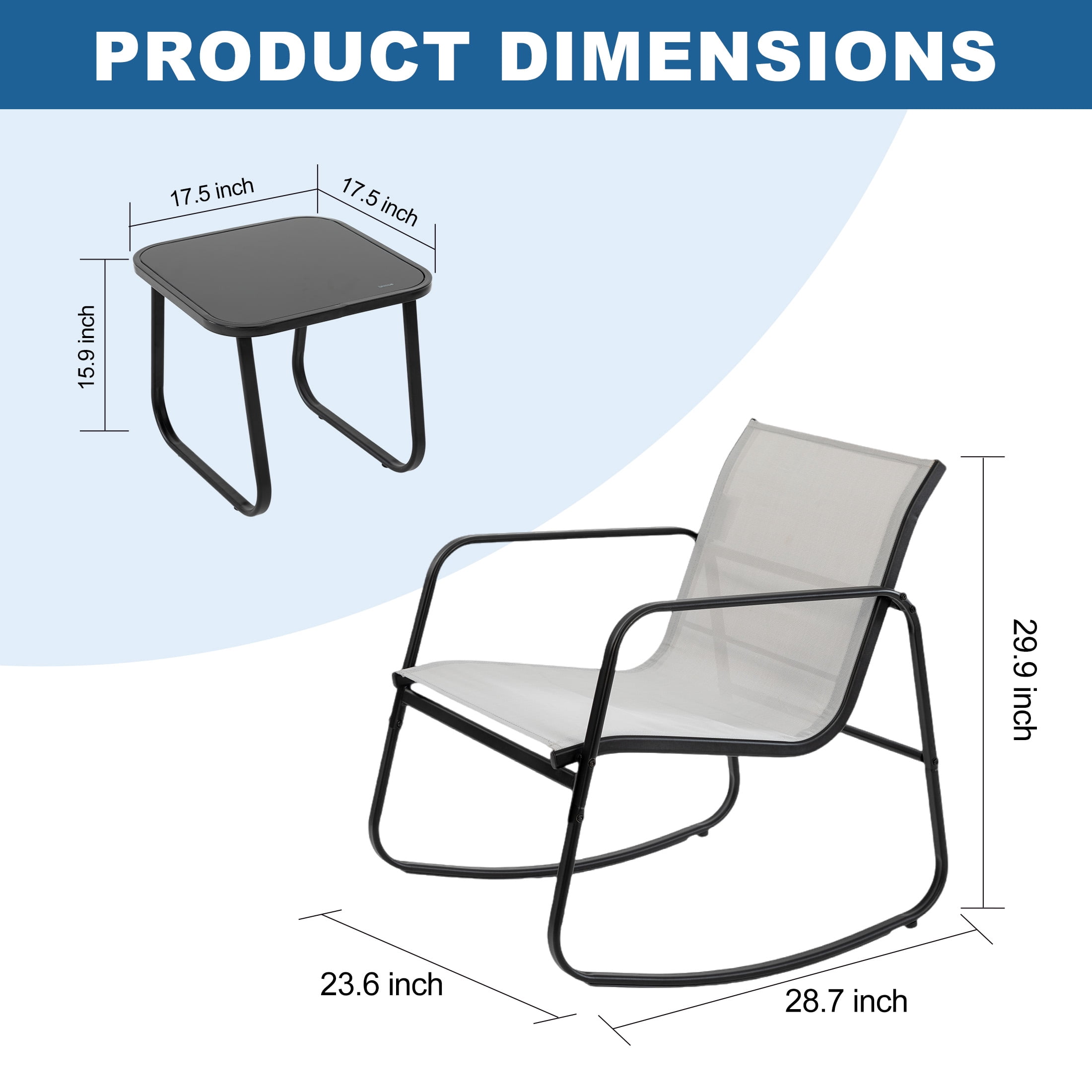 edx 3-Piece Outdoor Rocking Bistro Set with Glass Table Perfect for Poolside, Porch & Lawn, Gray