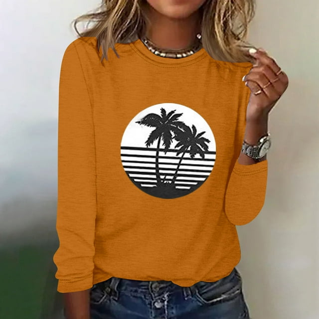 EQWLJWE Hauts d'Entraînement à Manches Longues pour Femmes Mode Printemps Imprimé Manches Longues Col Rond Tee Décontracté Vêtements d'Automne pour Femmes