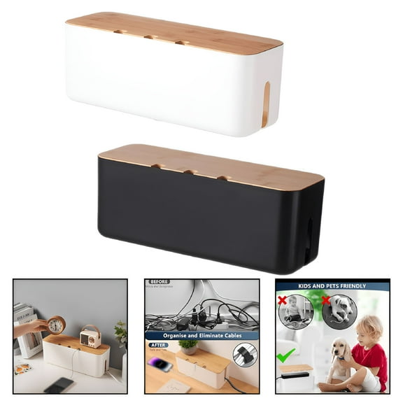 LAMIRO White Cable Management Box, 11.8x4.5 inches, Wood Lid, Cord Organizer for Desk TV Computer USB Hub System to Cover and Hide Power Strips & Cords