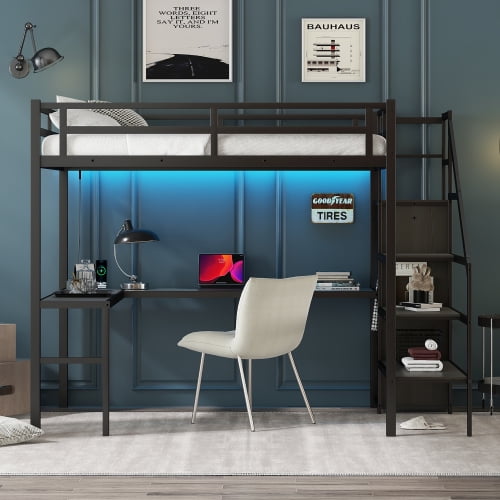 Leumius Metal Gaming Loft Bed with Wardrobe and Adjustable Shelf, Metal, 93.5''L x 57.5''W x 69.13''H, 173.06 LB, Black