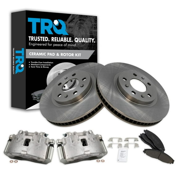 TRQ Front Brake Pad & Rotor Kit Brake Caliper Brake Pads Brake Rotor Ceramic Vented Fits Select 2006-2007 Cadillac CTS