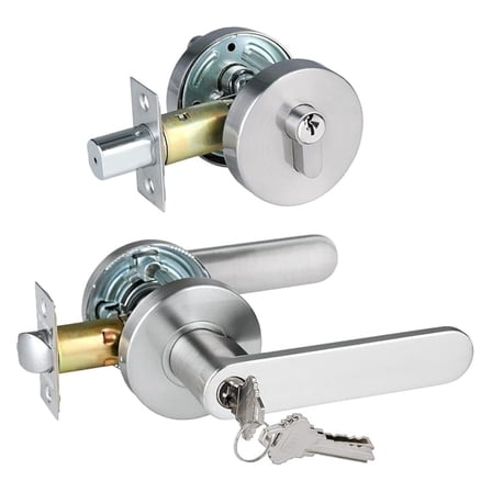 Keyed Alike Exterior Door Lock Set for Front Door and Office, Heavy Duty Lever Door Handle with Single Cylinder Deadbolt, Brushed Finish
