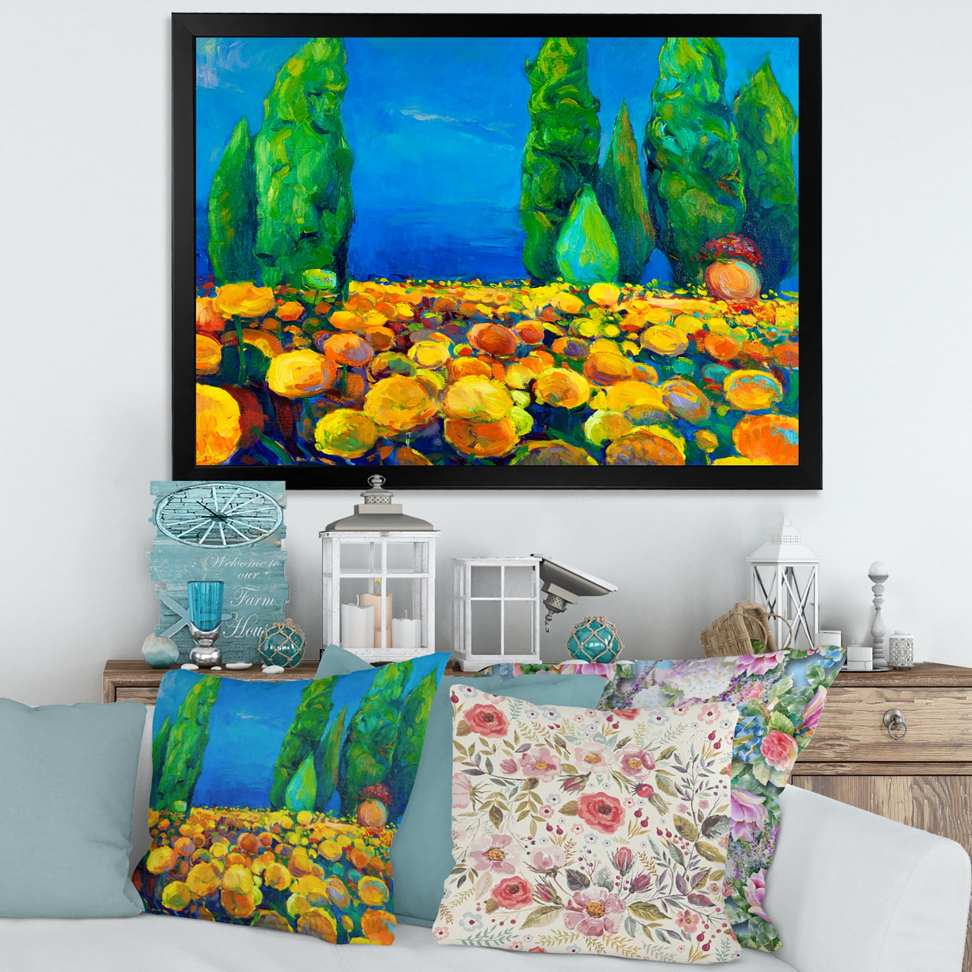 Designart 'Yellow Blossoming Flowers Landscape With Green Trees' Traditional Framed Art Print