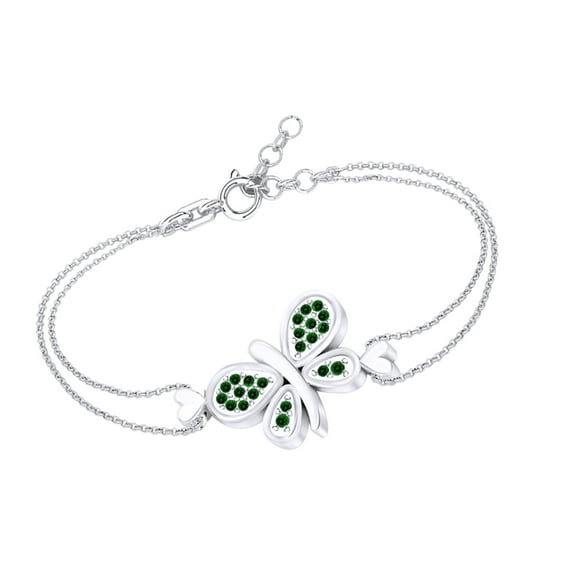 AFFY Round Shape Simulated Emerald Beautiful Butterfly Chain Bracelets In 14k White Gold Over Sterling Silver -8.5"