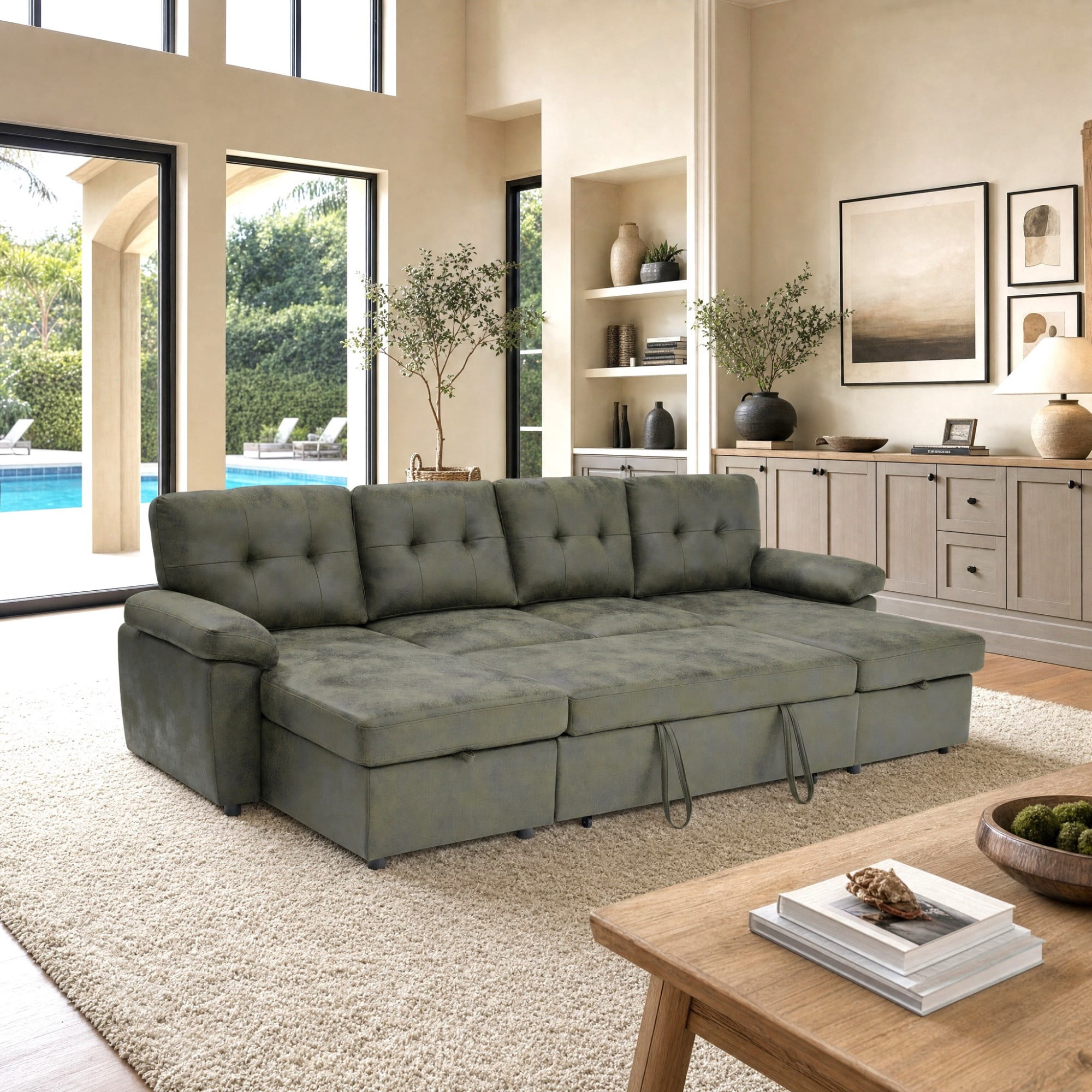 BSHTI 112" Polyester Fabric U-Shaped Sectional Sleeper Sofa Bed with Pull-Out Bed,Tufted Back Cushions and Storage Chaise for Living Room(Olive Green)