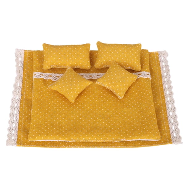 Juego de ropa de cama de simulación para casa de muñecas en miniatura de 1/12, sábana de tela, almohada y edredón. Amarillo