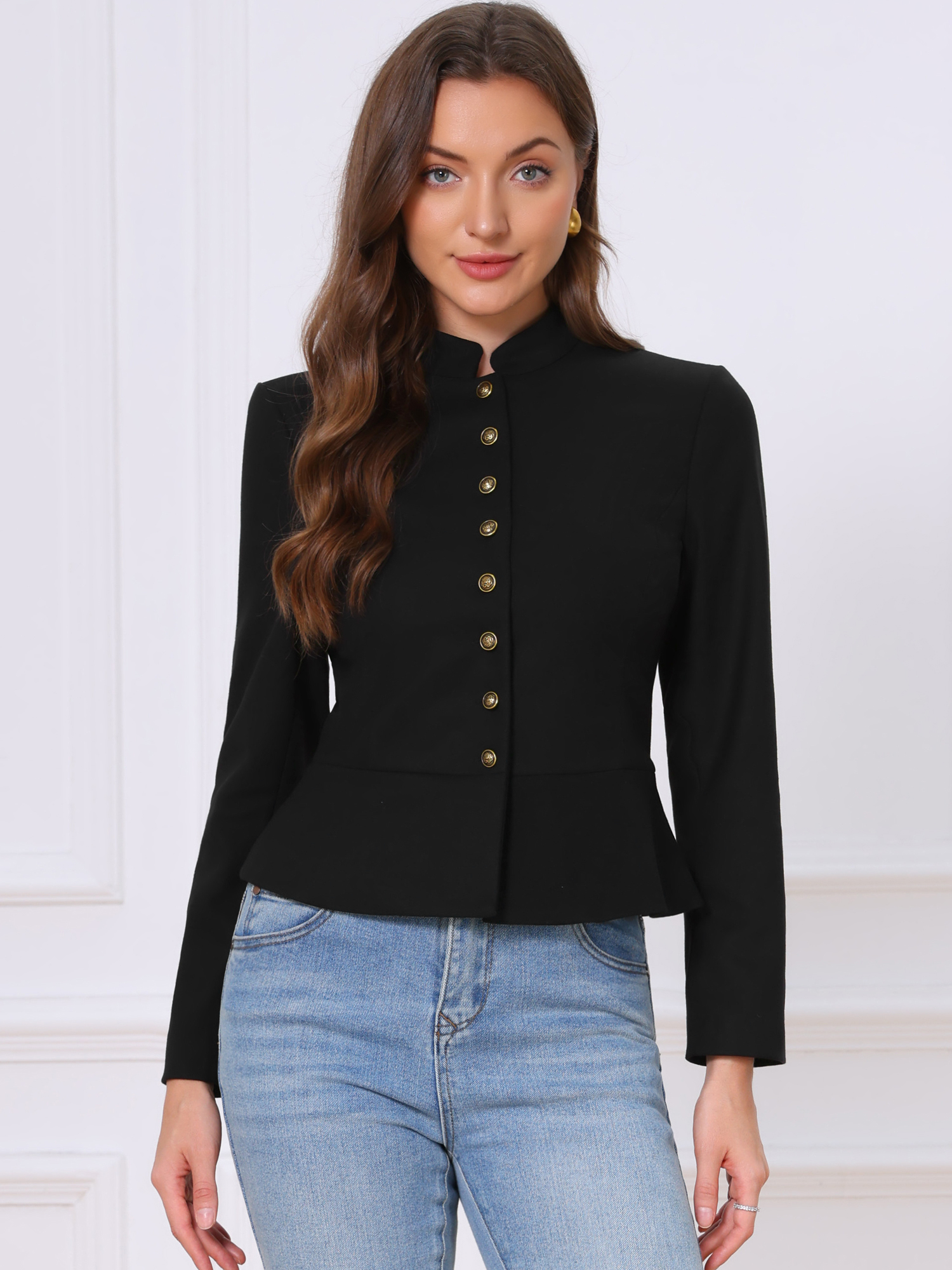DARING DIVA Women's Blazer Classic Button Stand Collar Blazer L Black