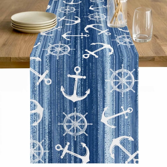 Navy Blue Anchor Nautical Cotton Linen Rectangle Table Runners 13"x60", Coastal Rudder Beach Coffee Table Runner Dresser Scarves Luxury Table Runners for Wedding Party Banquet Dinner Decor