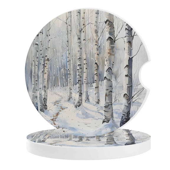 2 Pack Car Coasters Forest Ceramic Car Cup Holder Coaster Winter Scene Birch Forest Absorbent Drink Coasters Protects Interior from Spills, Car Interior Accessories
