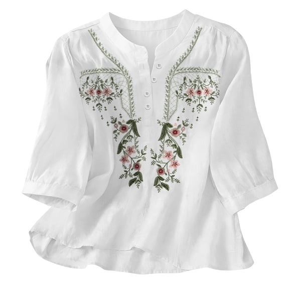 Guluxicc Embroidered Tops for Women 3/4 Sleeve Boho Cotton Linen Shirts Plus Size Peasant Gauze Blouses Casual Bohemian Shirts