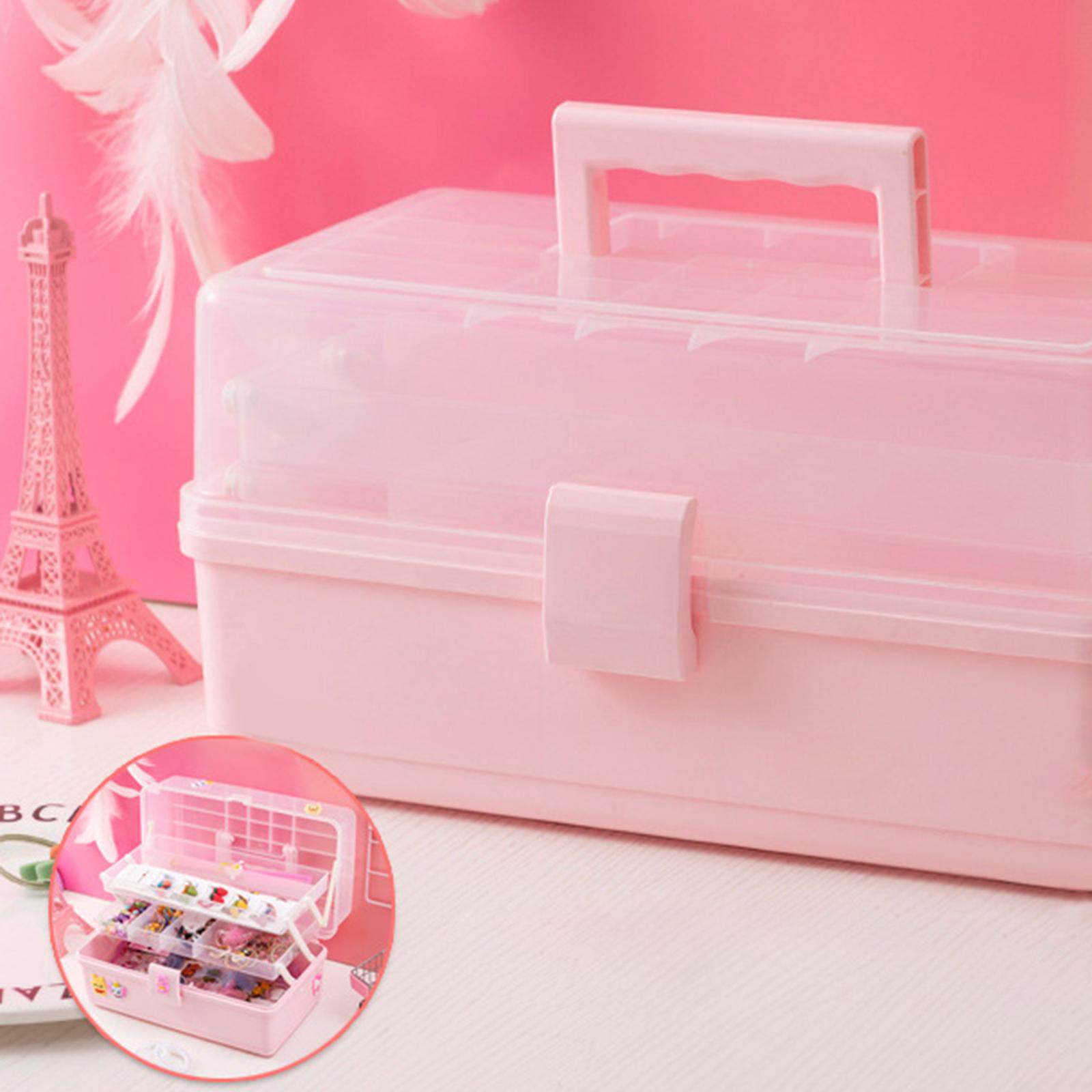 Cute Hair Accessories Organizer 3-Layers Kids Jewelry Storage Box Plastic  Hair Accessories holder for Girls (Pink, 10.8 x 5.7 x 5.9 Inch)