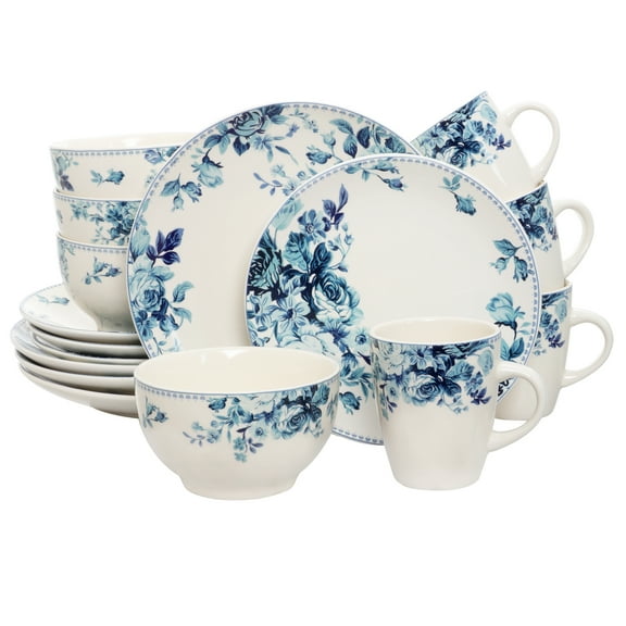 Elama Blue Rose Traditional 16 Piece Elegant Dinnerware Set