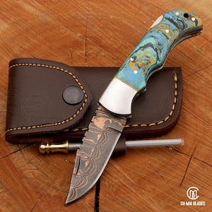 Handmade Copper Damascus Folding Knife with Leather Sheath