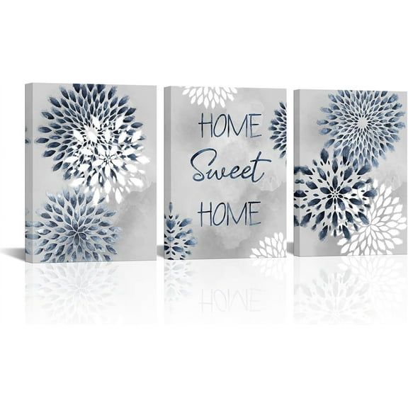 Hieng Home Sweet Home Signs Wall Decor Blue and Grey Kitchen Bathroom Wall Art Dahlia Flower Painting Canvas Prints Unframed