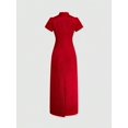 thumbnail image 2 of Elegant Fiery Red Jacquard Satin Qipao Dress, Short Sleeve Button Front, 2 of 24