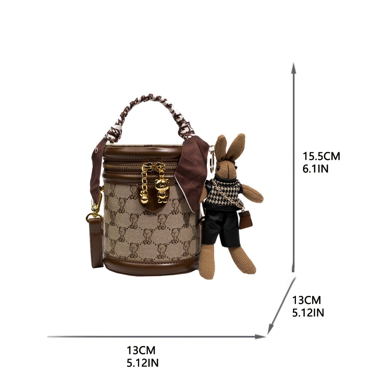 Bear Pattern Cylinder Bucket Bag Small Scarf Decor Zipper Shoulder Purse  Trendy Crossbody Bag With Bag Charm - Bags & Luggage - Temu Spain