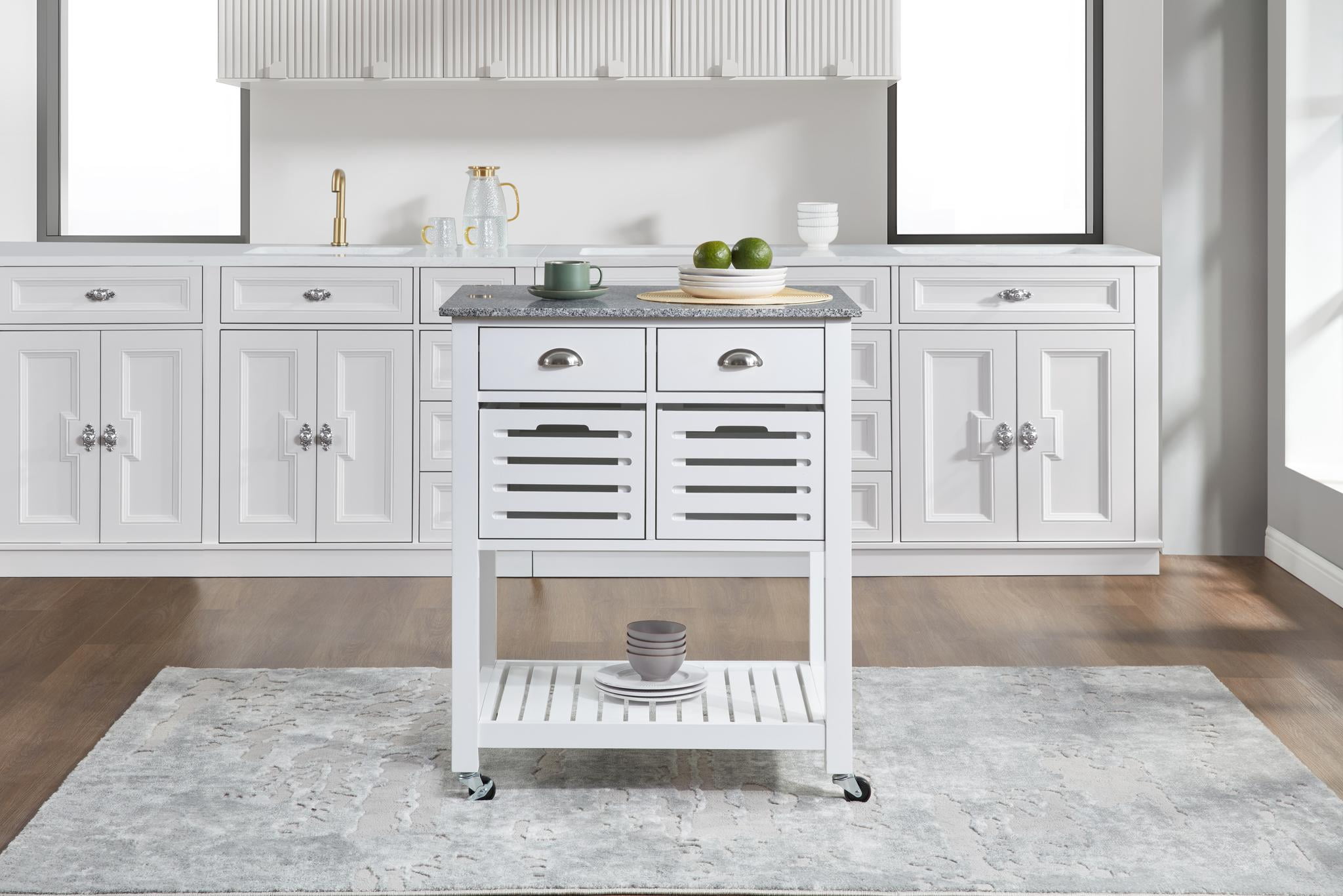 Rolling Kitchen Island Serving Cart with Underneath Drawer & Slide-Out Wire Storage Basket