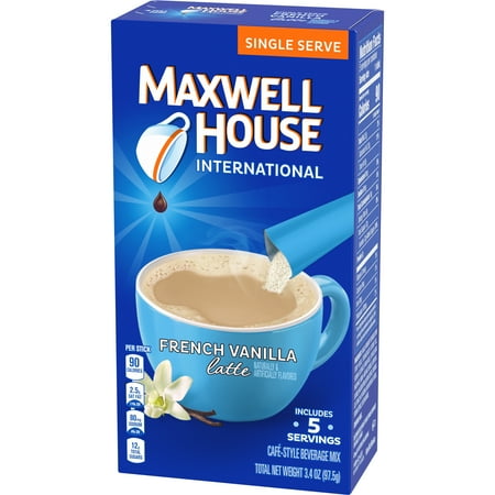 Maxwell House International French Vanilla Latte Cafe-Style Single Serve Instant Coffee Beverage Mix, 5 ct Sticks