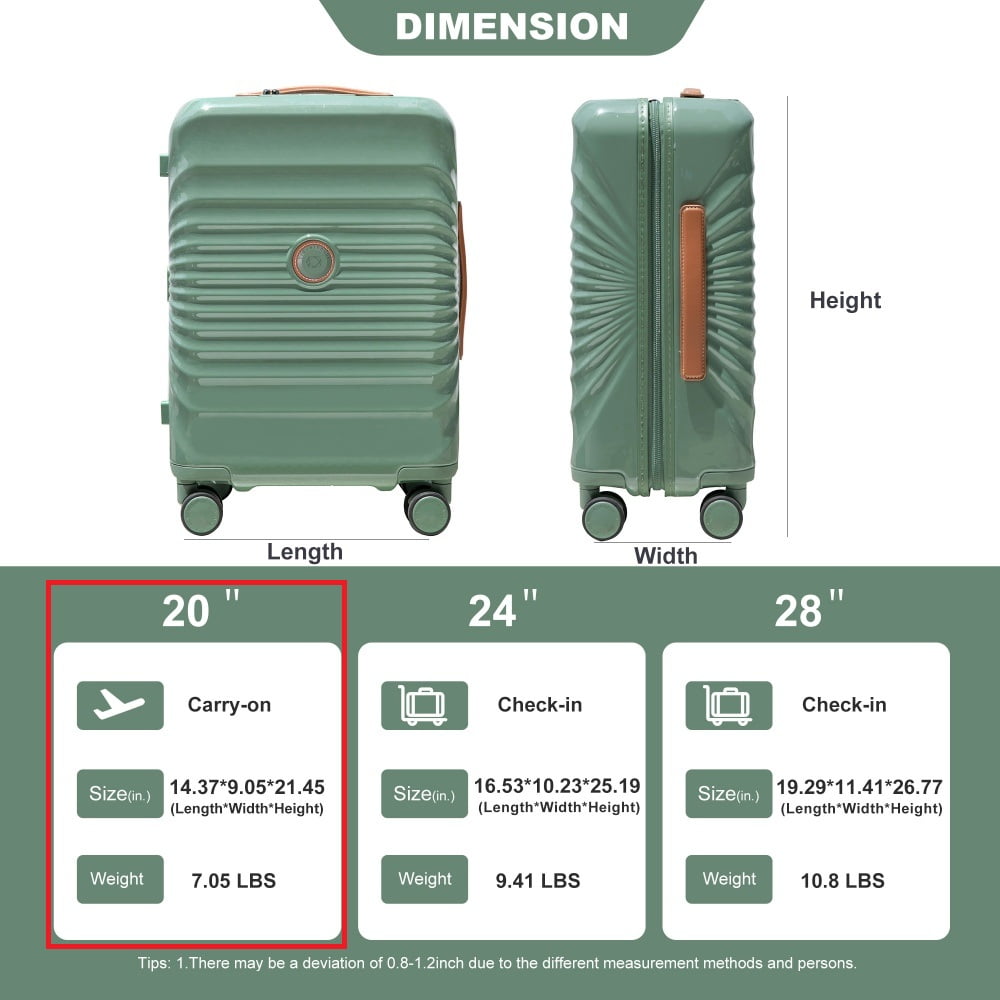 Yougu 20" Carry on Luggage Lightweight Suitcase TSA Lock USB,Green
