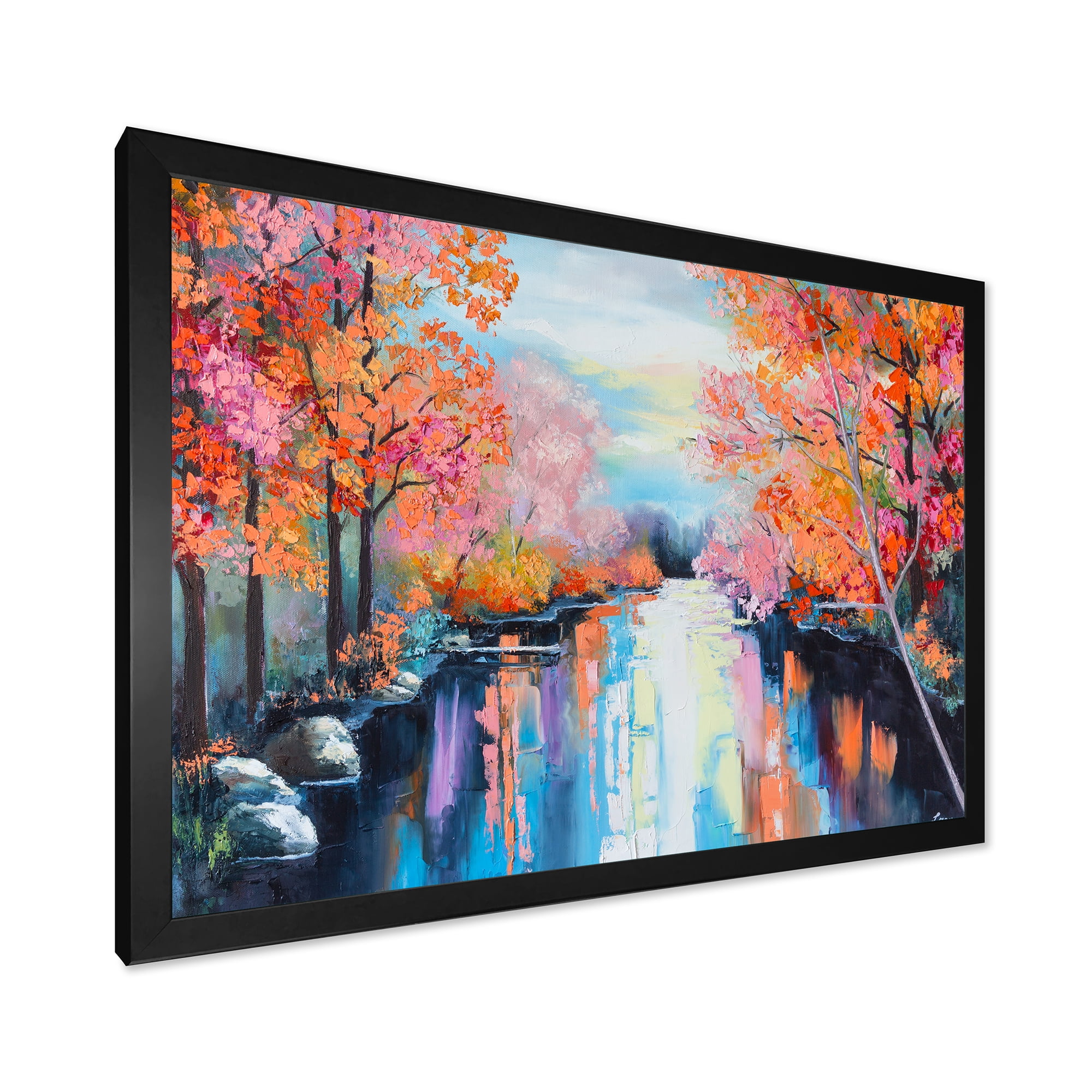 Designart 'The River Through Orange Autumn Forest' Lake House Framed Art Print