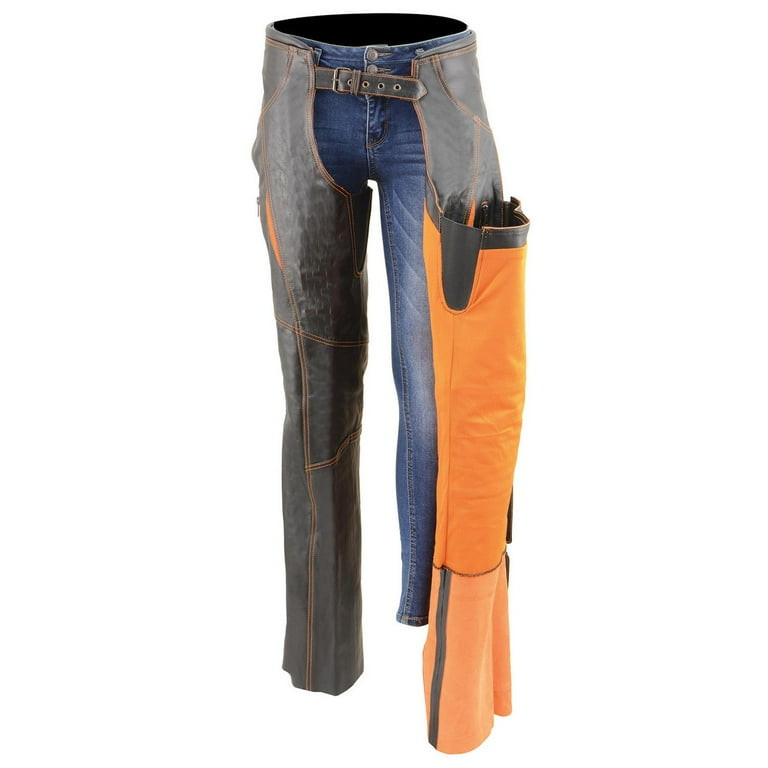 Milwaukee Leather Chaps for Women Black and Orange Premium Skin Laser Cut Accent Stitching Motorcycle Chap MLL6525 3X Large