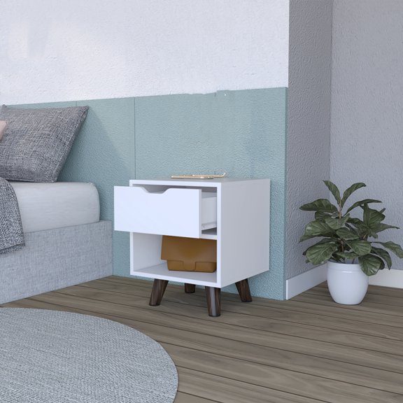 Nmkwnr Nightstand with Drawer and Bottom Shelf, Wood Beside Table for Bedroom, White