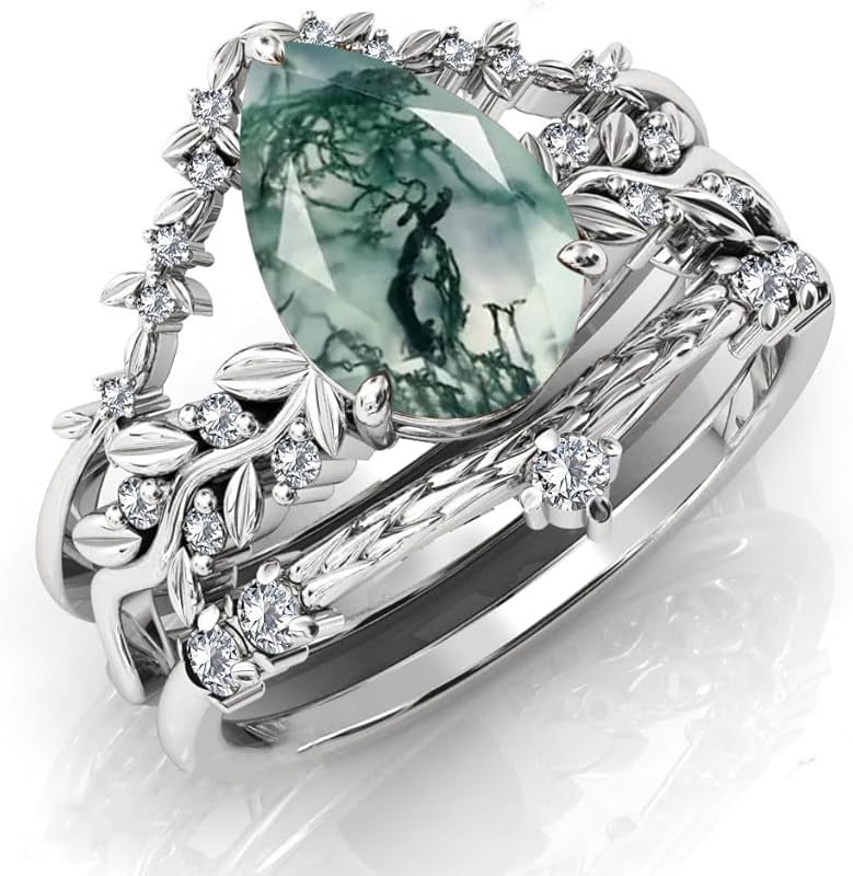 Natural Moss Agate Sterling Silver Rings Set - Leaf Art Deco Hexagon/Pear Moss Agate Engagement Wedding Promise Rings Set - Vintage Unique Bridal Ring Set for Women