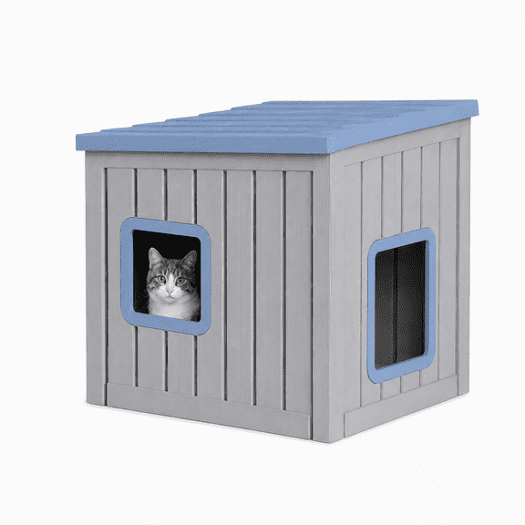 MINDYES Cat House, Outdoor Pet Shelter with Weatherproof Roof Removable Lids & Ventilation window, Blue