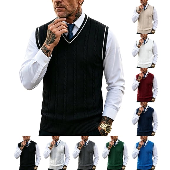 Sweater Vest for Men V Neck Cable Knit Sweater,Sleeveless Regular Fit Casual Pullover for Fall Winter Outdoor Vacation