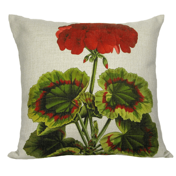 18" Red and Green Square Geranium Throw Pillow Cover