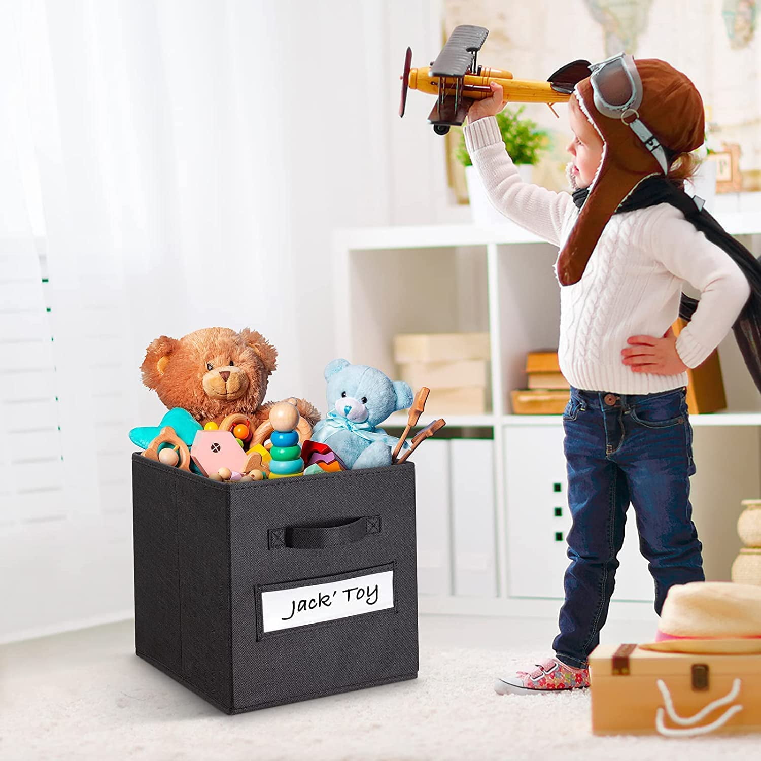 13x13 Inch Cube Storage Bins(Set of 8)-Basket Bins with 8 Labels Window Cards & a Pen - Collapsible Storage Organizer Boxes Cube For Nursery Home & Office-Black