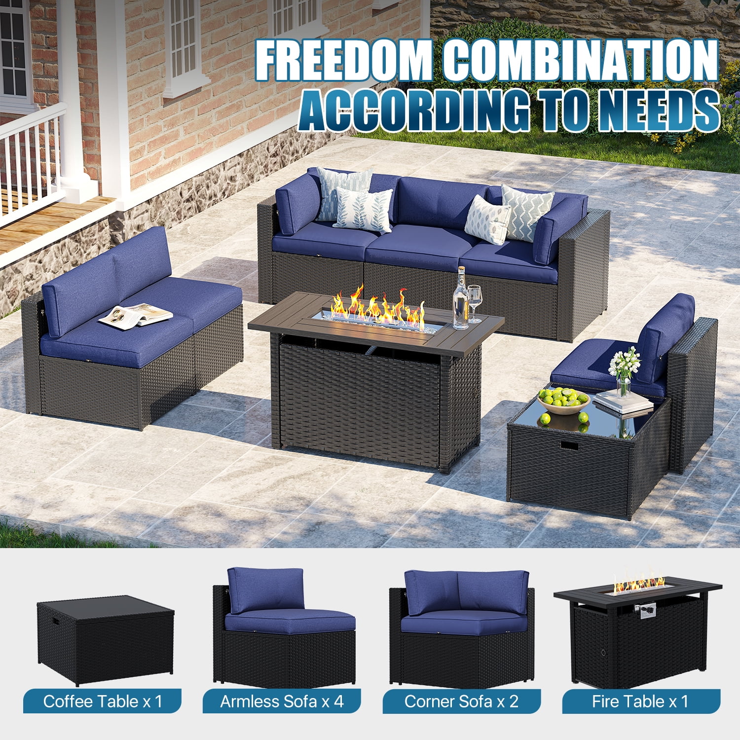 Sunmthink 8 Tempered Glass Waterproof Outdoor Conversation Sets with Sofa and Table, Blue