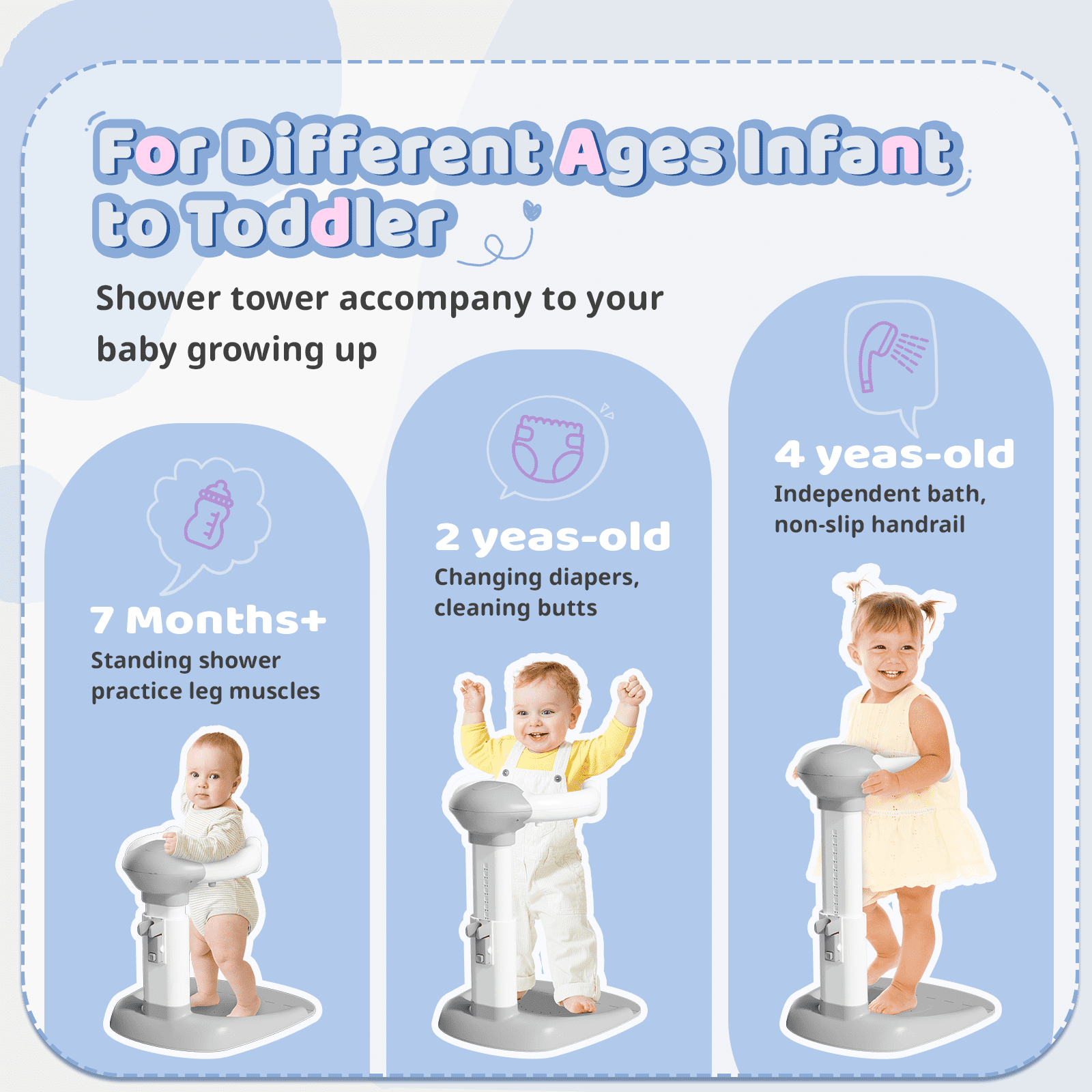 COOSEYA Baby Bath with Shower Stand Support, Anti-Pinch Soporte para Bañera de Bebé Adjustable Shower Tower and Anti-Slip for Toddler Standing Up Themselves(Gray)