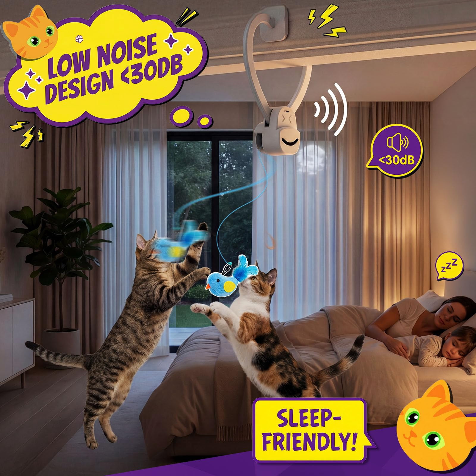 Interactive Cat Toys For Indoor Cats: Automatic Flying Bird Wand Chase Exercise Enrichment  Usb Rechargeable Durable Safe Hanging Bored Kittens Adult Multi Households