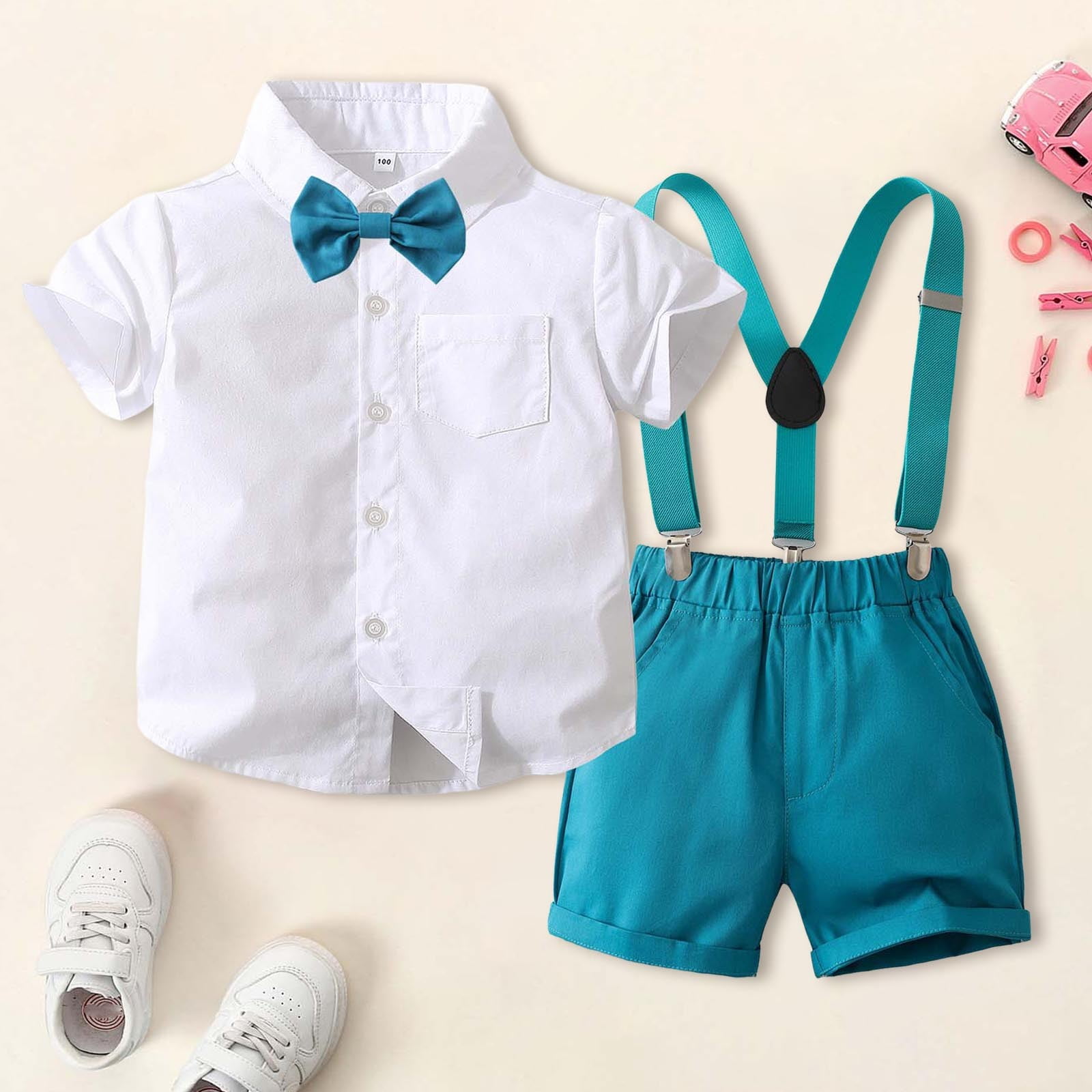 TBWNWG Baby Wedding Outfit Boy,Baby Boys Gentleman Shorts Sets, Outfits Suits, Shirt+Shorts+Bow Tie+Suspenders for 5-6 Years