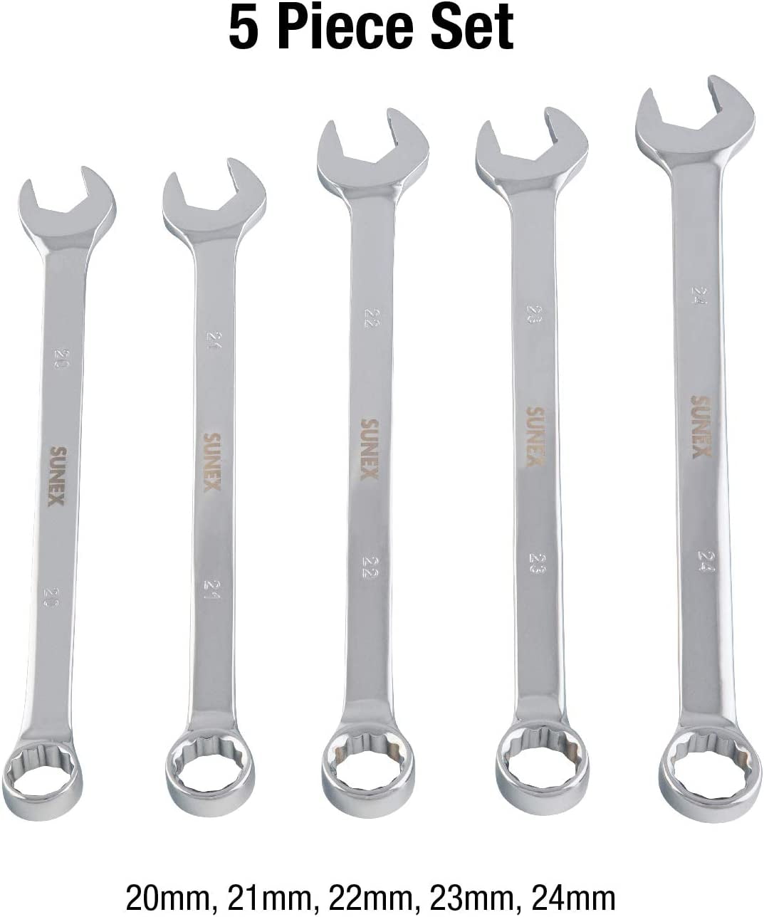 Sunex 9918MA 5pc Metric Full Polished V-Groove Combination Wrench Set