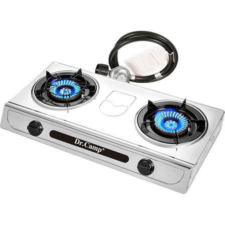 Dr.Camp 30000 BTU 2 Burner Outdoor Garden Camping Camp Hiking Propane Stove Cooker Grill with CSA Listed Regulator and Gas Hose, Gray Color
